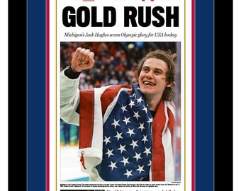 Team USA Olympic Hockey Team - 2026 Gold Medal - The Detroit News - "GOLD RUSH" - Double Matted, Framed in United States Colors