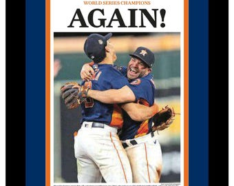 Houston Astros - 2022 World Series Title - Houston Chronicle Newspaper - "AGAIN!" - Double Matted & Framed in Authentic Team Colors