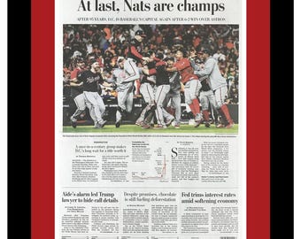 Washington Nationals - 2019 MLB World Series - The Washington Post Newspaper - "At Last" - Double Matted & Framed in Authentic Team Colors