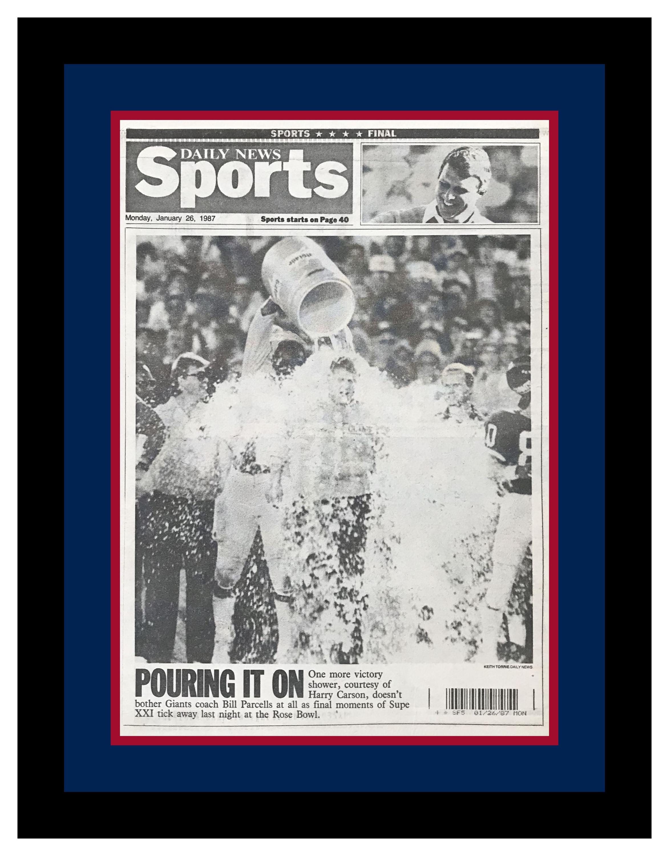 New York Giants – 1987 Super Bowl Title – NY Daily News – “Pouring It On!” – Double Matted & Framed in Authentic Team Colors