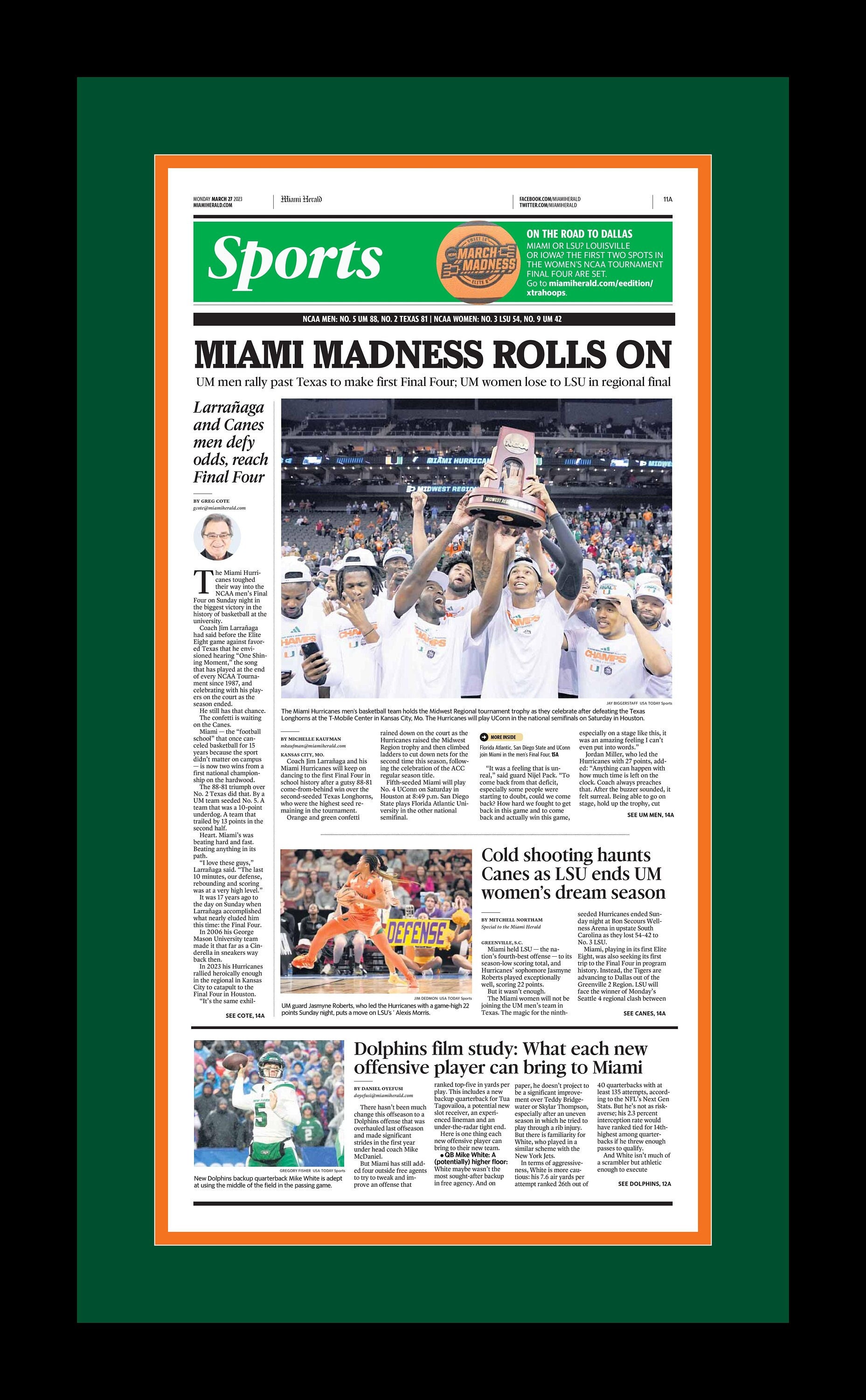 Miami Hurricanes Framed Newspaper - 2023 Final Four - the Miami