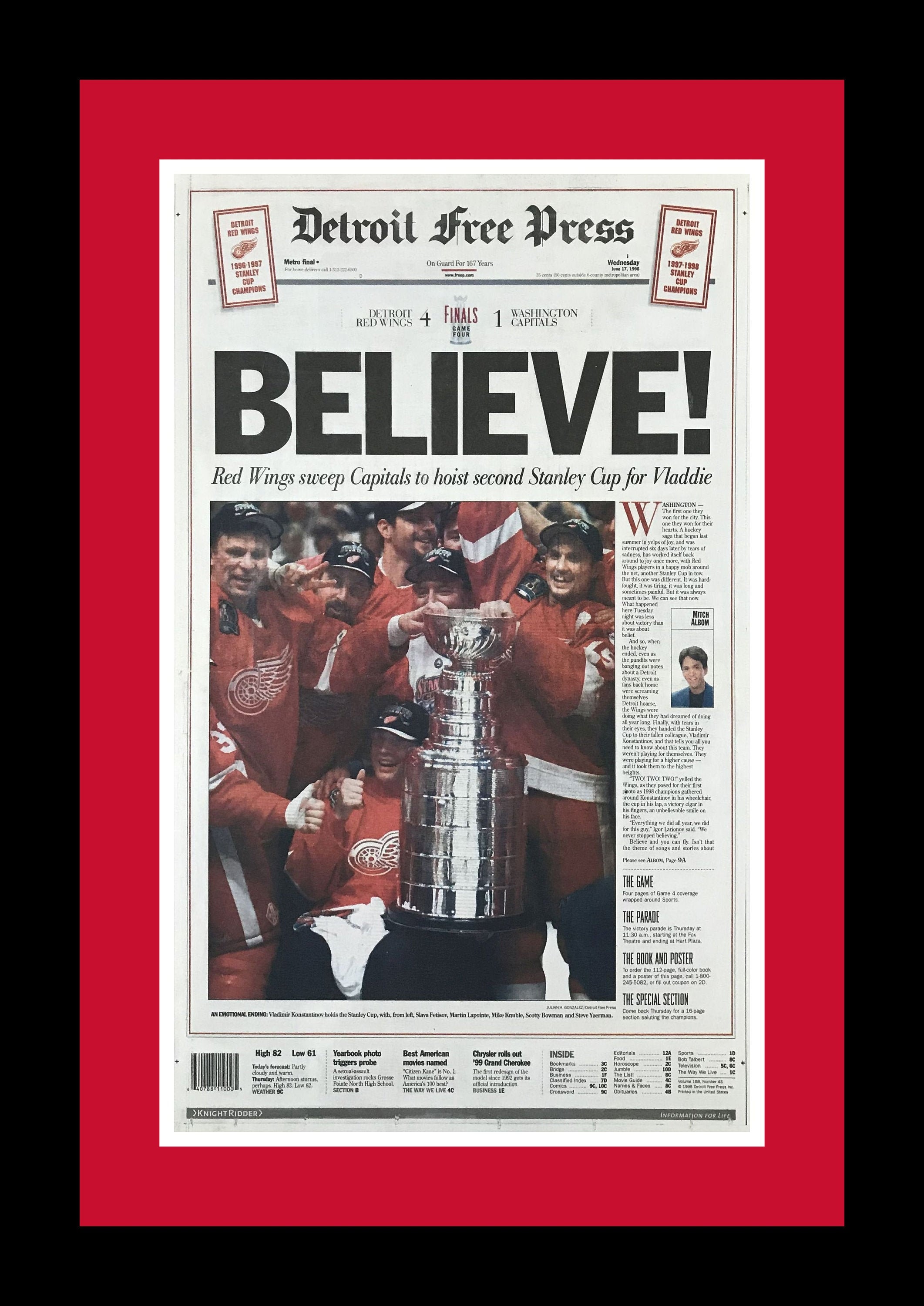 Peter Ivers - ST test press 激レア Detroit Red Wings - 1998 Stanley Cup Title - the Detroit Free