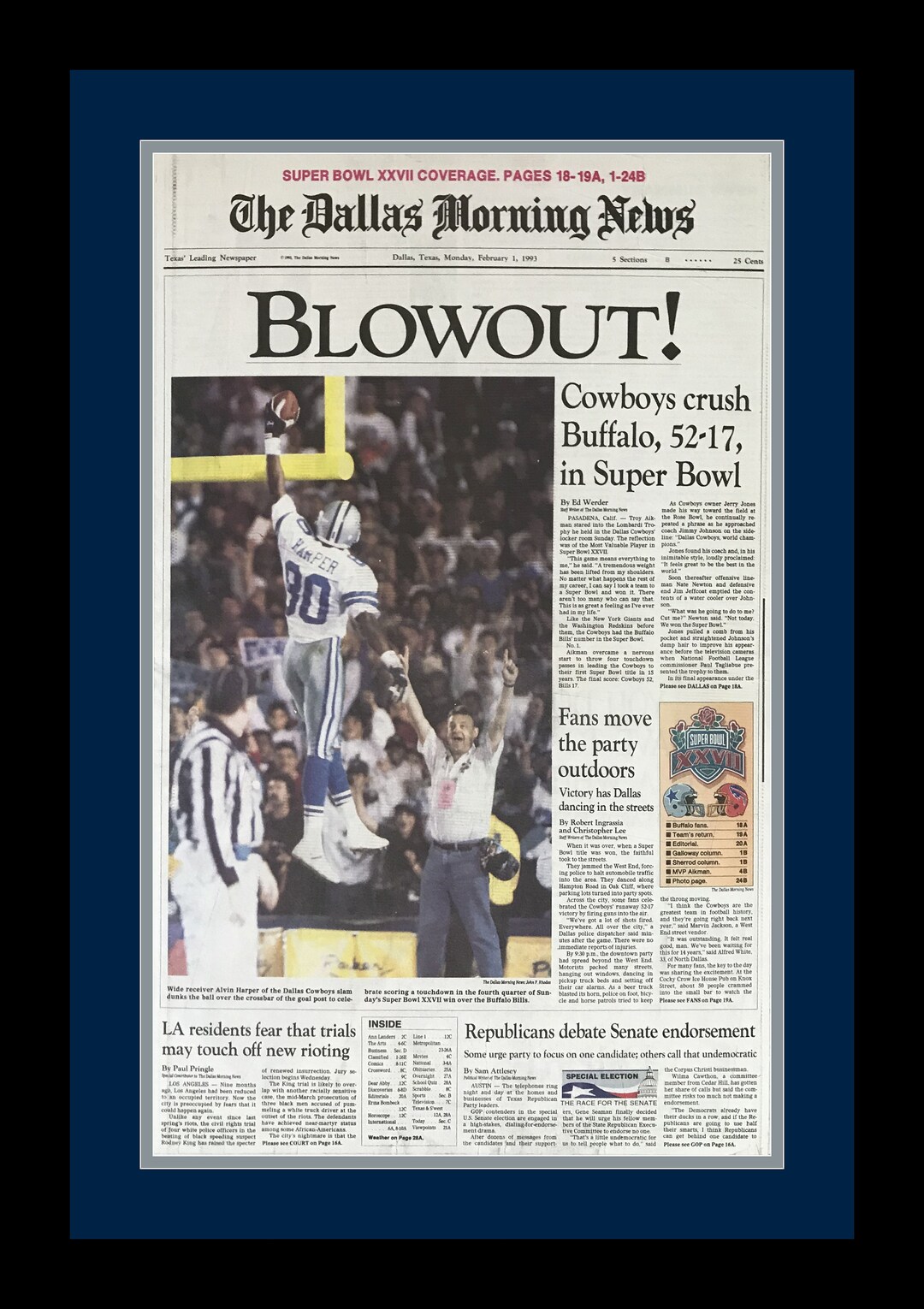 Dallas Cowboys 1993 NFL Super Bowl Champions Dallas Morning News