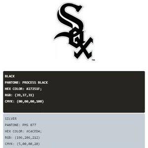 May include: Black and white logo of the Chicago White Sox baseball team. The logo features a stylized "S" with a "C" and "X" intertwined. The text "Primary Logo Colors" is above the logo. The text "BLACK" is above the color information for black. The text "SILVER" is above the color information for silver.