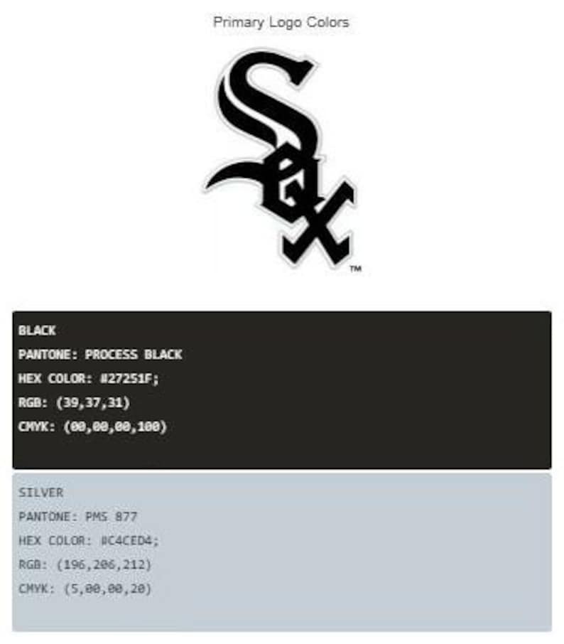May include: Black and white logo of the Chicago White Sox baseball team. The logo features a stylized "S" with a "C" and "X" intertwined. The text "Primary Logo Colors" is above the logo. The text "BLACK" is above the color information for black. The text "SILVER" is above the color information for silver.