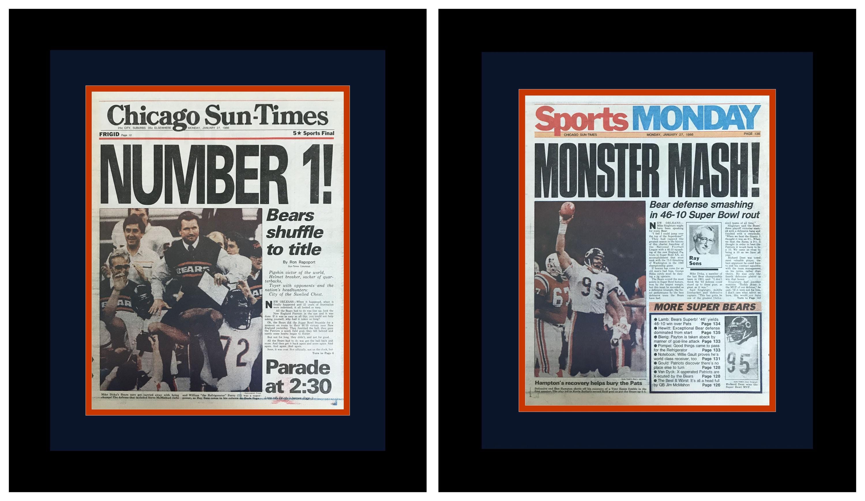 Chicago Bears – 1986 Super Bowl XX Champions – Chicago Sun Times Newspaper Covers (2) – Double Matted & Framed in Authentic Team Colors