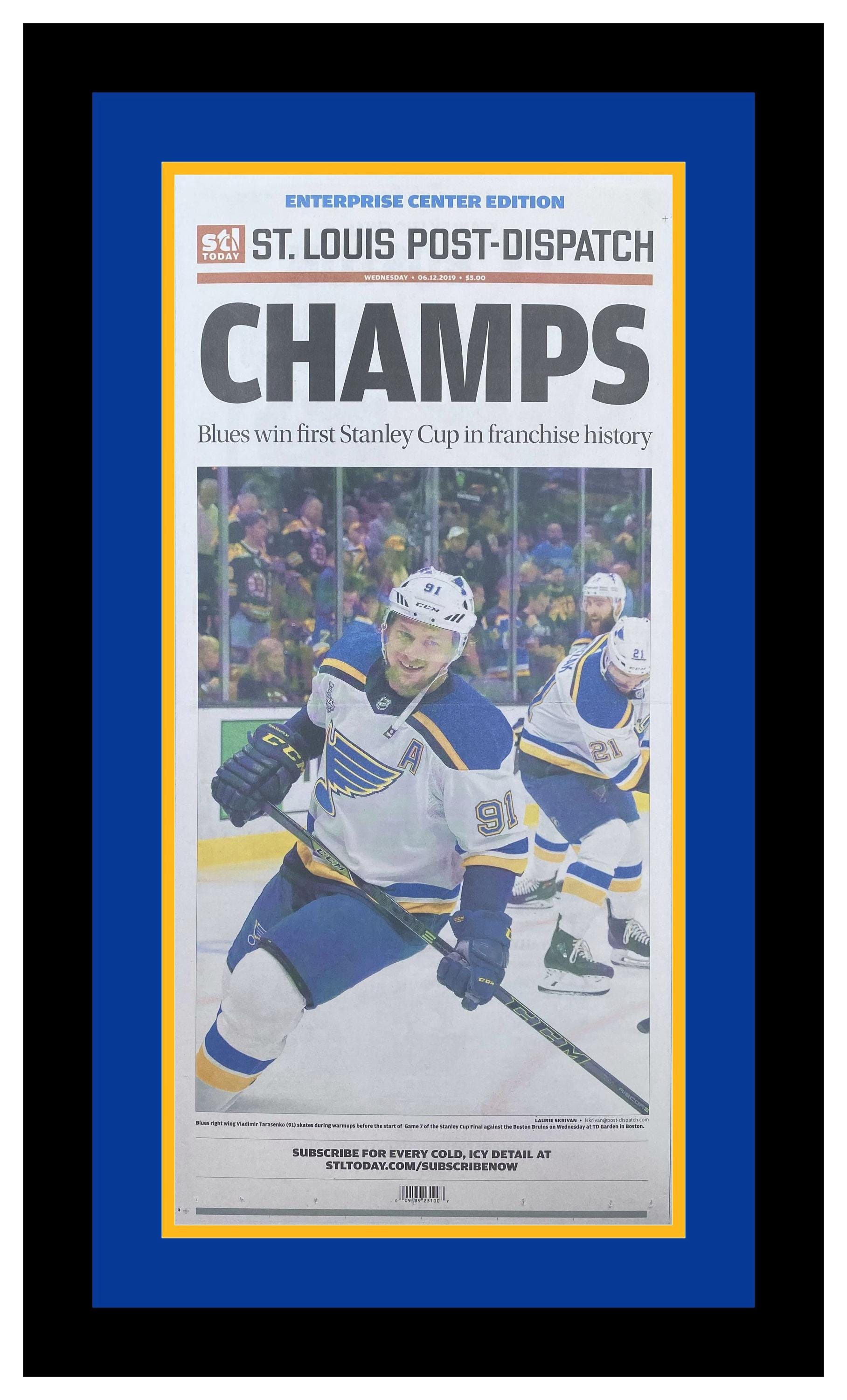 St. Louis Blues – 2019 NHL Stanley Cup – St. Louis Post Dispatch Stadium Ed. – “CHAMPS” – Double Matted & Framed in Authentic Team Colors