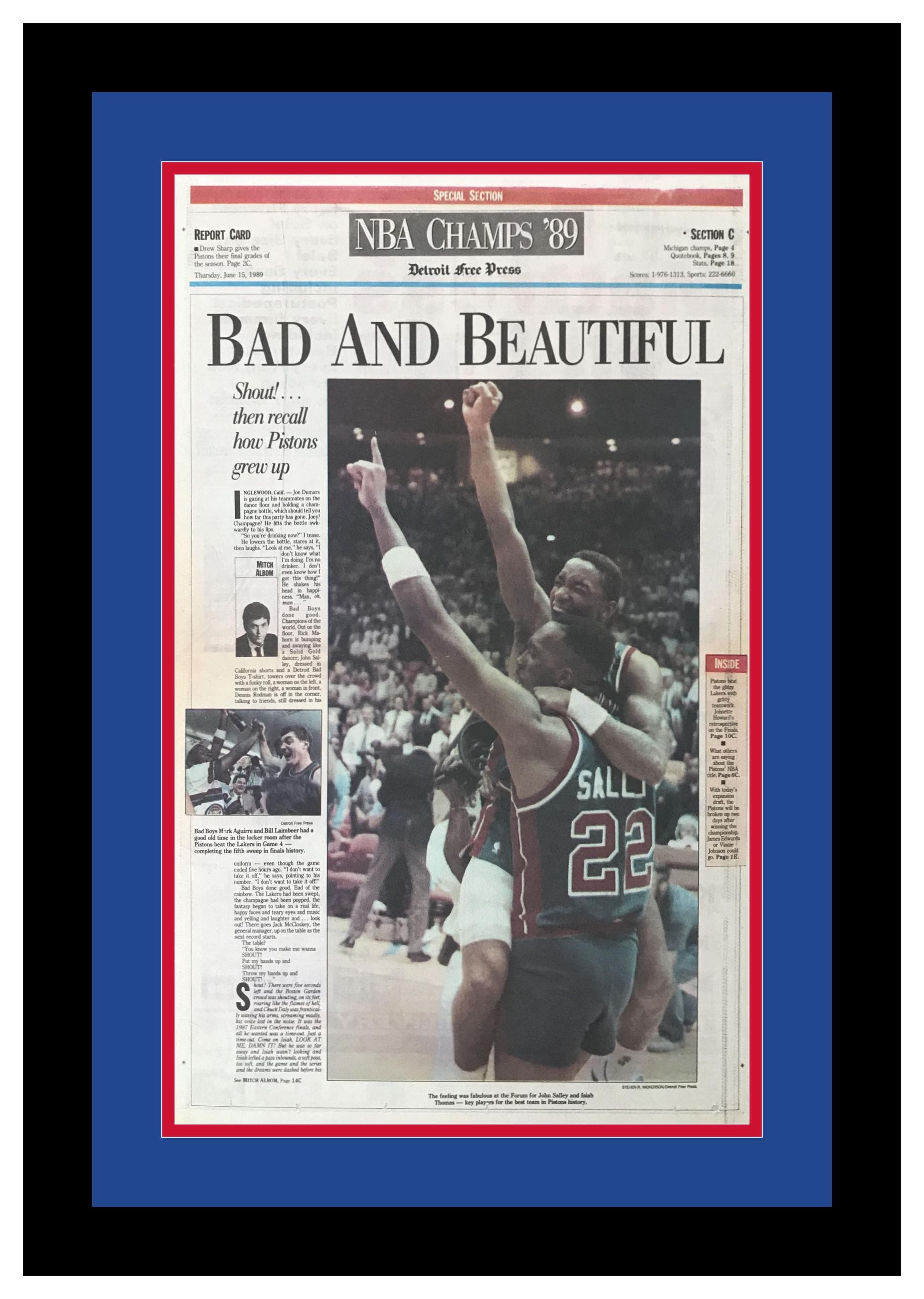 Detroit Pistons – 1989 NBA Champions – The Detroit Free Press – “Bad and Beautiful” – Double Matted & Framed in Authentic Team Colors