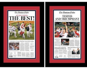 Boston Red Sox - 2004, 2007, 2013, & 2018 World Series Titles - Boston Globe Newspapers (4) - Double Matted, Framed in Authentic Team Colors