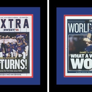 Chicago Cubs - 2016 NLCS & World Series Champions - Chicago Sun Times Newspapers (2) - Double Matted, Framed in Authentic Team Colors