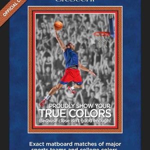 Puede incluir: Un jugador de baloncesto haciendo un mate con una pelota de baloncesto frente a una multitud. El texto dice "Muestra con orgullo tus verdaderos colores. &iexcl;Porque casi no es suficiente!" y "Coincidencia exacta de tableros de montaje para los principales equipos deportivos y colores universitarios."