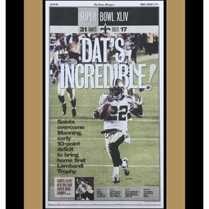 New Orleans Saints - Super Bowl de la NFL 2010 - Periódico Times Picayune - "¡Increíble!" - Doble paspartú y enmarcado con los colores auténticos del equipo
