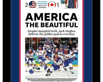 Team USA Olympic Hockey - 2026 Gold Medal - USA Today - "America The Beautiful" - Double Matted, Framed in authentic USA Colors