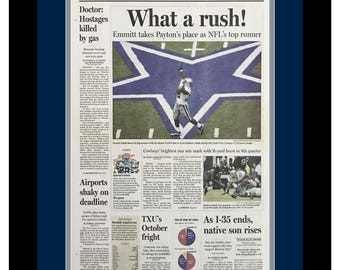 Dallas Cowboys / Emmitt Smith - NFL Rushing Record - Dallas Morning News - "What a rush!" - Double Matted & Framed in Authentic Team Colors