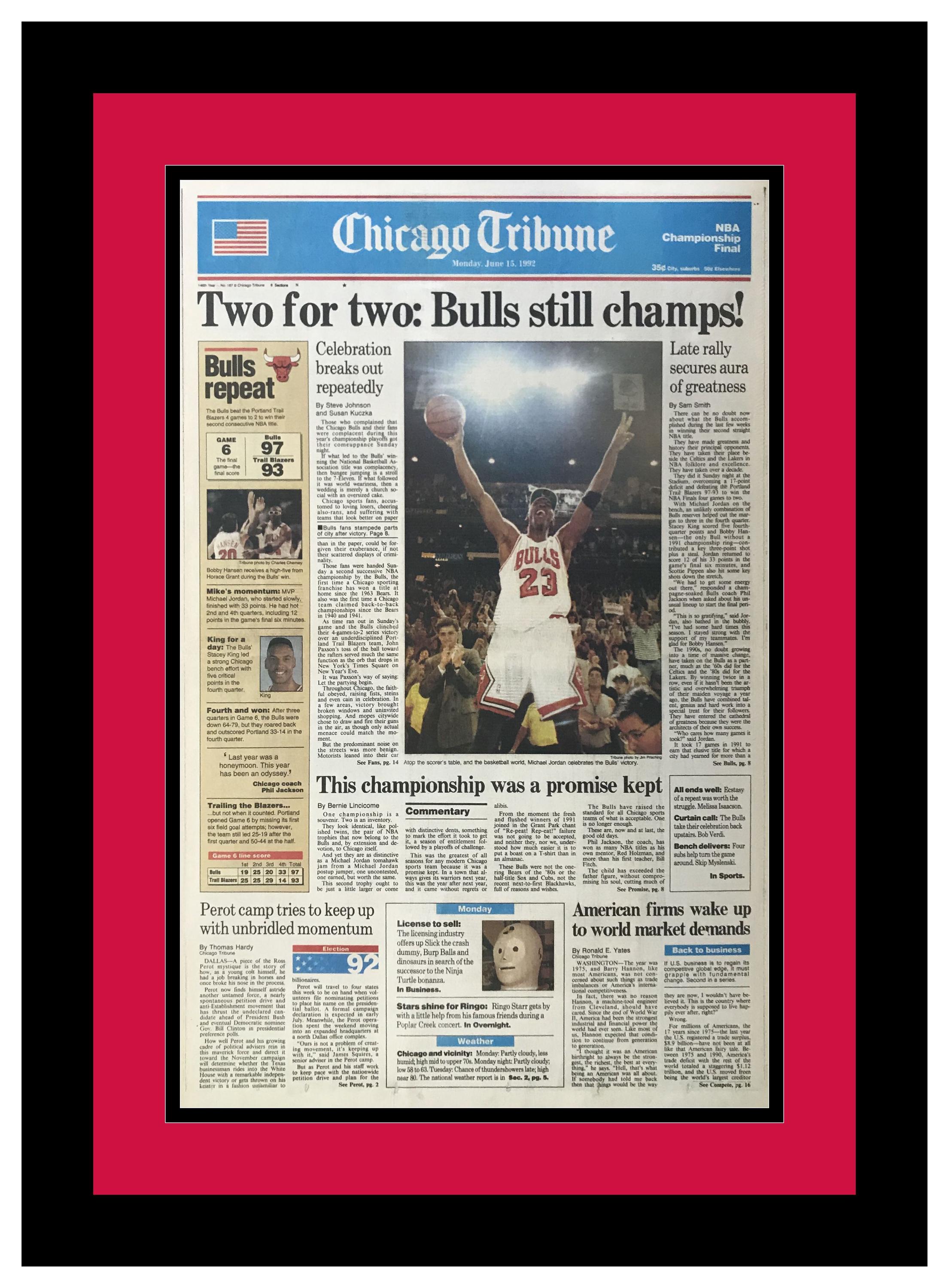 Chicago Bulls – 1992 NBA Title – Chicago Tribune – “Two for two: Bulls still champs!” – Double Matted & Framed in Authentic Team Colors