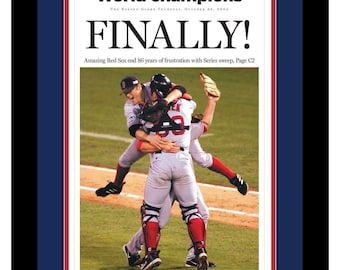 Boston Red Sox - 2004 World Series Title - Boston Globe Newspaper - "FINALLY!" - Double Matted & Framed in Authentic Team Colors