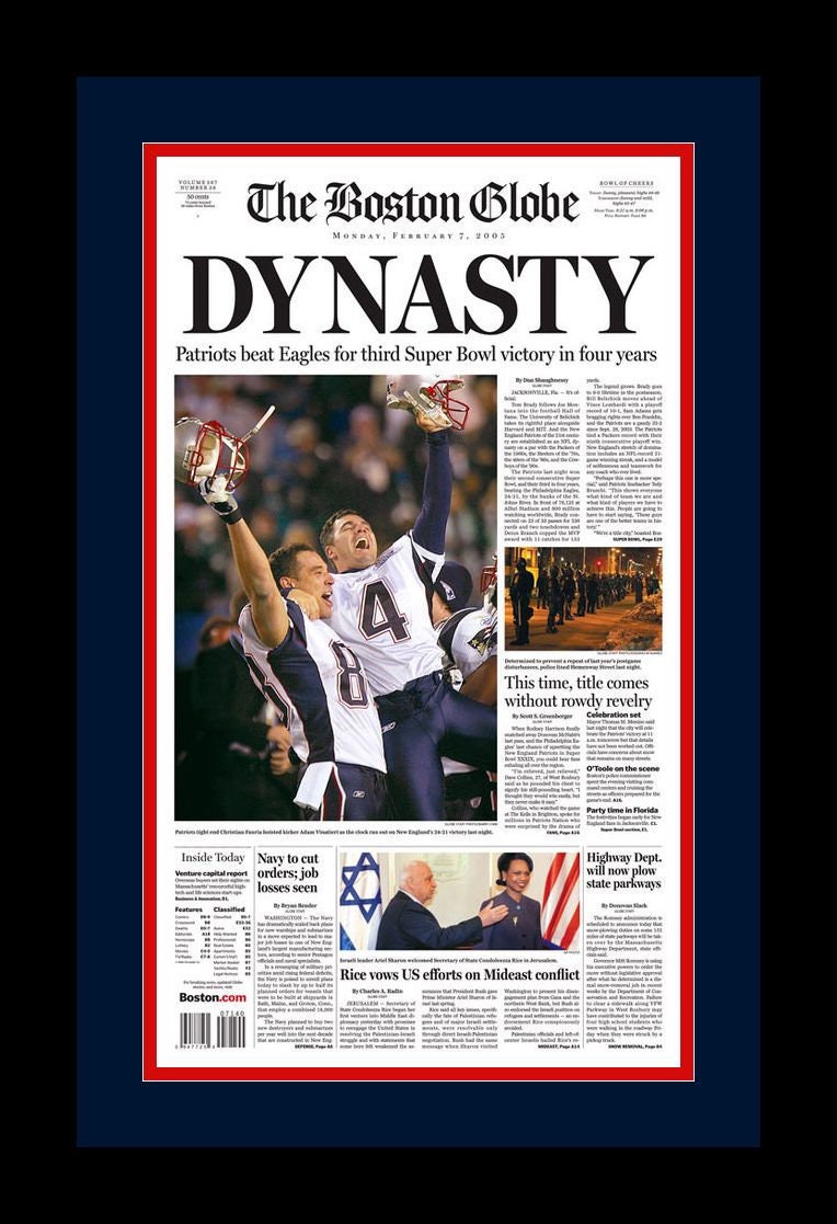 New England Patriots - 2005 Super Bowl Champions - Boston Globe Newspaper - "DYNASTY" - Double Matted & Framed in Authentic Team Colors