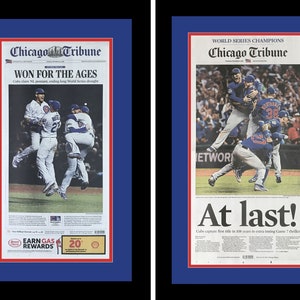 Chicago Cubs - 2016 NLCS & World Series Titles - Chicago Tribune Newspapers (2) - Double Matted, Framed in Authentic Team Colors