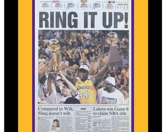 Los Angeles Lakers - 2000 NBA Title - Kobe / Shaq - L.A. Daily News - "Ring It Up!" - Double Matted & Framed in Authentic Team Colors