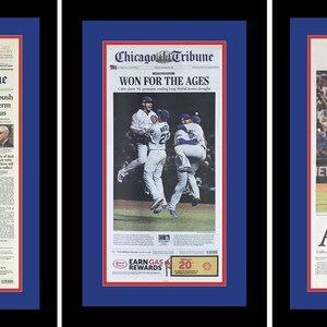 Chicago Cubs - 2016 NLCS, NLDS, & World Series Titles - Chicago Tribune Newspapers (3) - Double Matted, Framed in Authentic Team Colors