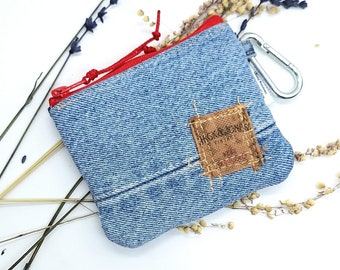 Small recycled wallet  , small pouch , upcycled wallet , recycled coin purse, coin purse , coin purse with two zippers , denim wallet