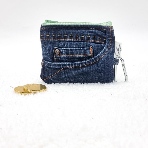 Jeans portemonnee, gerecyclede portemonnee, denim portemonnee, gerecyclede blauwe portemonnee met twee rits, upcycling gerecyclede blauwe portemonnee, klein zakje