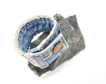 Cuff bracelet denim , recycled bracelet , denim bracelet , upcycled denim bracelet , textile jewelry , jeans armband , denim cuff