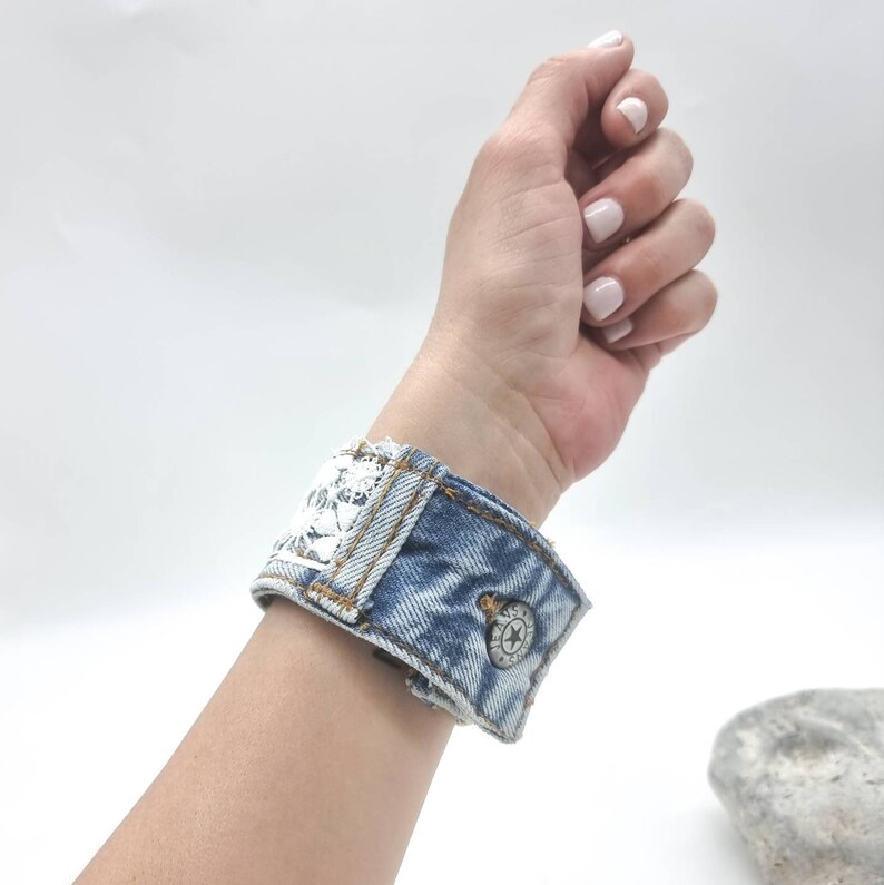 Denim bracelet , recycled white lace bracelet , blue jeans jewelry , cuff denim bracelet image 4