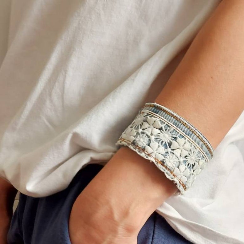 Denim bracelet , recycled white lace bracelet , blue jeans jewelry , cuff denim bracelet image 9