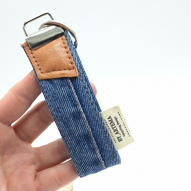 Men's key rings , keychain with recycled leather , recycled key holder , upcycled key fob , denim key chain , key chain with leather image 6