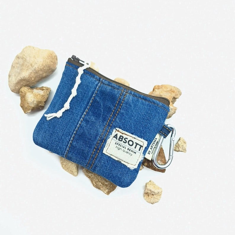 Portemonnee met ritssluiting, denim portemonnee, jeanszakje, portemonnee voor vrouwen, upcycled portemonnee, denim muntzakje, denim creditcardhouder, sleutelhanger afbeelding 3