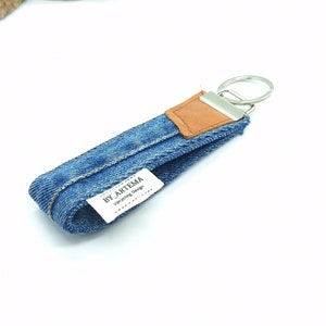 Men's key rings , keychain with recycled leather , recycled key holder , upcycled key fob , denim key chain , key chain with leather image 3