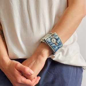 Denim bracelet , recycled white lace bracelet , blue jeans jewelry , cuff denim bracelet image 10