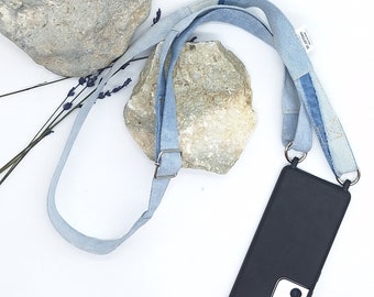 Denim phone lanyard , crossbody mobile phone , phone leash , mobile phone chain with regulator , recycled strap denim , universal strap