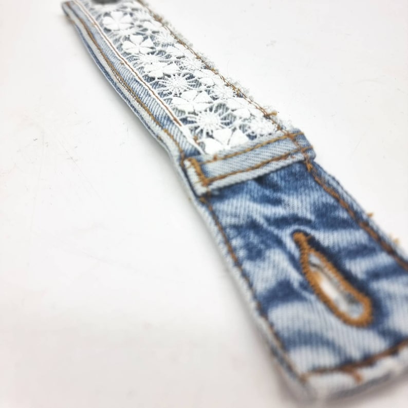 Denim bracelet , recycled white lace bracelet , blue jeans jewelry , cuff denim bracelet image 5