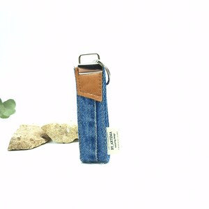 Men's key rings , keychain with recycled leather , recycled key holder , upcycled key fob , denim key chain , key chain with leather image 1