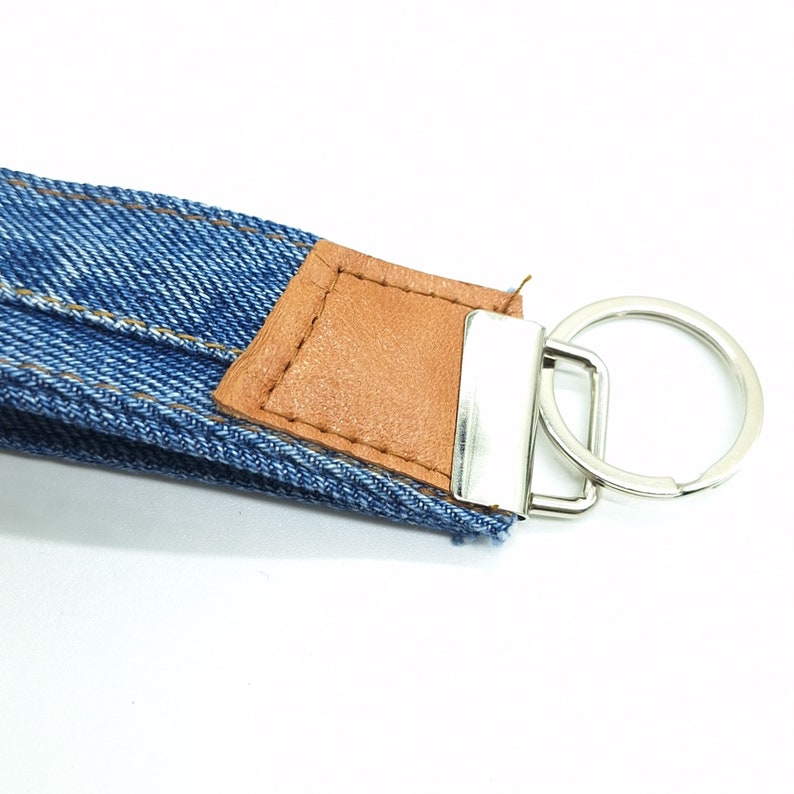 Men's key rings , keychain with recycled leather , recycled key holder , upcycled key fob , denim key chain , key chain with leather image 5