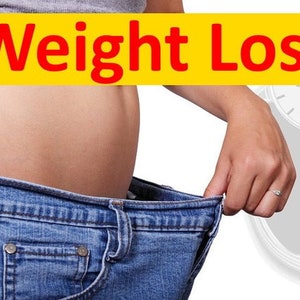 May include: A person wearing blue jeans that are too big for them, holding the waistband with one hand. The person is standing in front of a white scale with a black dial that reads "70". The text "Weight Loss." is written in red letters on a yellow banner.