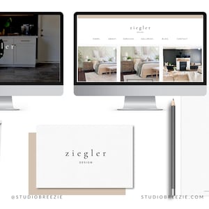 May include: Two computer monitors displaying the Ziegler Design website, a white envelope, a white card with the text ziegler design, a gray pencil, and a white sheet of paper with a Z logo. The branding materials feature a clean, neutral aesthetic.