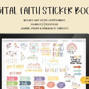 Op de afbeelding: Een digitaal stickerboek voor Goodnotes met meer dan 300 voorgecropte afbeeldingen met religieuze thema's. De stickers bevatten kleurrijke illustraties en tekst zoals "Grow in Grace", "He Restores My Soul", "Yes & Amen" en "Truth".