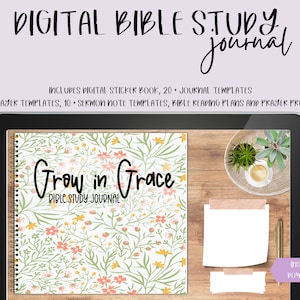Może przedstawiać: Cyfrowy dziennik do nauki Biblii z kwiatowym wzorem i tekstem "Grow in Grace". Zawiera cyfrowy notes z naklejkami, 20 szablon&oacute;w dziennika, 10 szablon&oacute;w modlitw, 10 szablon&oacute;w notatek z kazań, plany czytania Biblii i podpowiedzi do modlitwy.