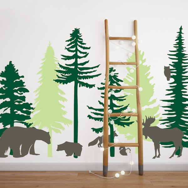 Décor mural scandinave adhesif forêt de sapins, animaux ours, ecureuil, orignal, renard