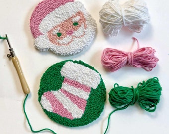 DIY Christmas Punch Needle Kit, Santa Stocking Mug Rug Coaster Set, Complete Beginner Craft Kit Supply ToolTutorial Holiday Decor Making Kit