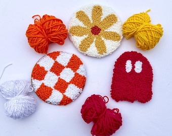 PUNCH NEEDLE Coaster Kit, Beginner DIY Craft Gift Set, Handmade Art Kit, Adult Craft Kit Set, Checkerboard Ghost Daisy Mug Rug Coasters