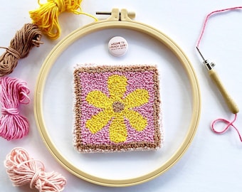 PUNCH NEEDLE Coaster Kit Punch Needle Mug Rug Kit, Retro Daisy Granny Square DYI Adult Craft Kit Beginner Punch Needle Set Gift for Crafter