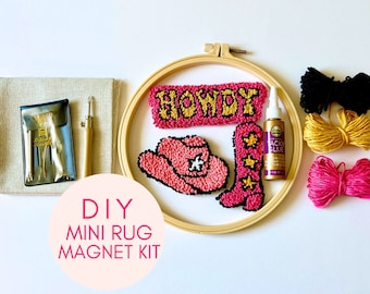 PUNCH Needle Mug Rug Kit, DIY Magnetic Coaster Craft Cute Cowboy Cowgirl Country Western Adult Craft Kit, Easy Handicraft New Hobby
