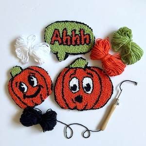 Retro Pumpkin Mug Rug Punch needle kit, Halloween DIY Coaster Craft Gift Set, Adult Craft Kit, Halloween Needle Mascot Punching Craft Set