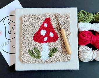 MINI PUNCH Needle Embroidery Kit | BEGINNER Craft Kit | Mushroom Toadstool Cottagecore Design | Woodland Aesthetic Wall Art | Adults or Kids