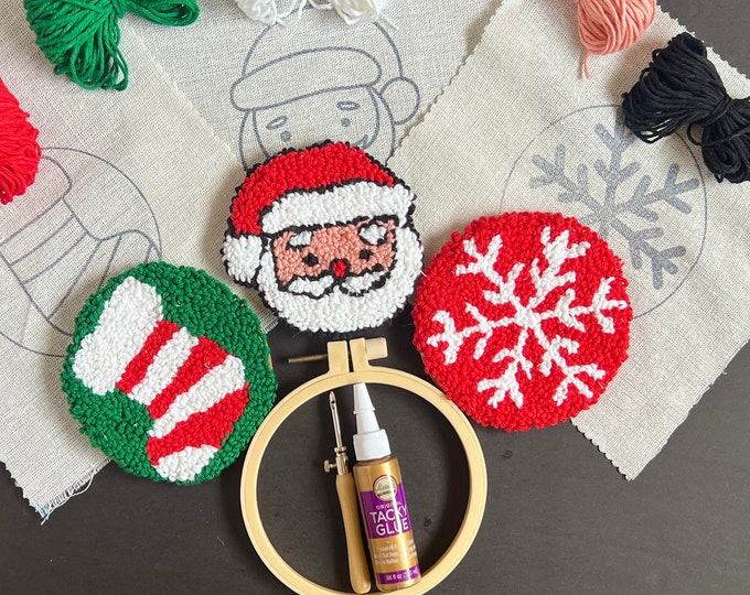 Featured listing image: Punch Needle Coaster Kit | Christmas Holiday DIY Mug Rug Craft Gift Set | All Materials Included | Tufted Ornament, Handmade Wall Art Bauble