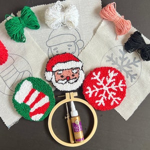 Punch Needle Coaster Kit | Christmas Holiday DIY Mug Rug Craft Gift Set | All Materials Included | Tufted Ornament, Handmade Wall Art Bauble
